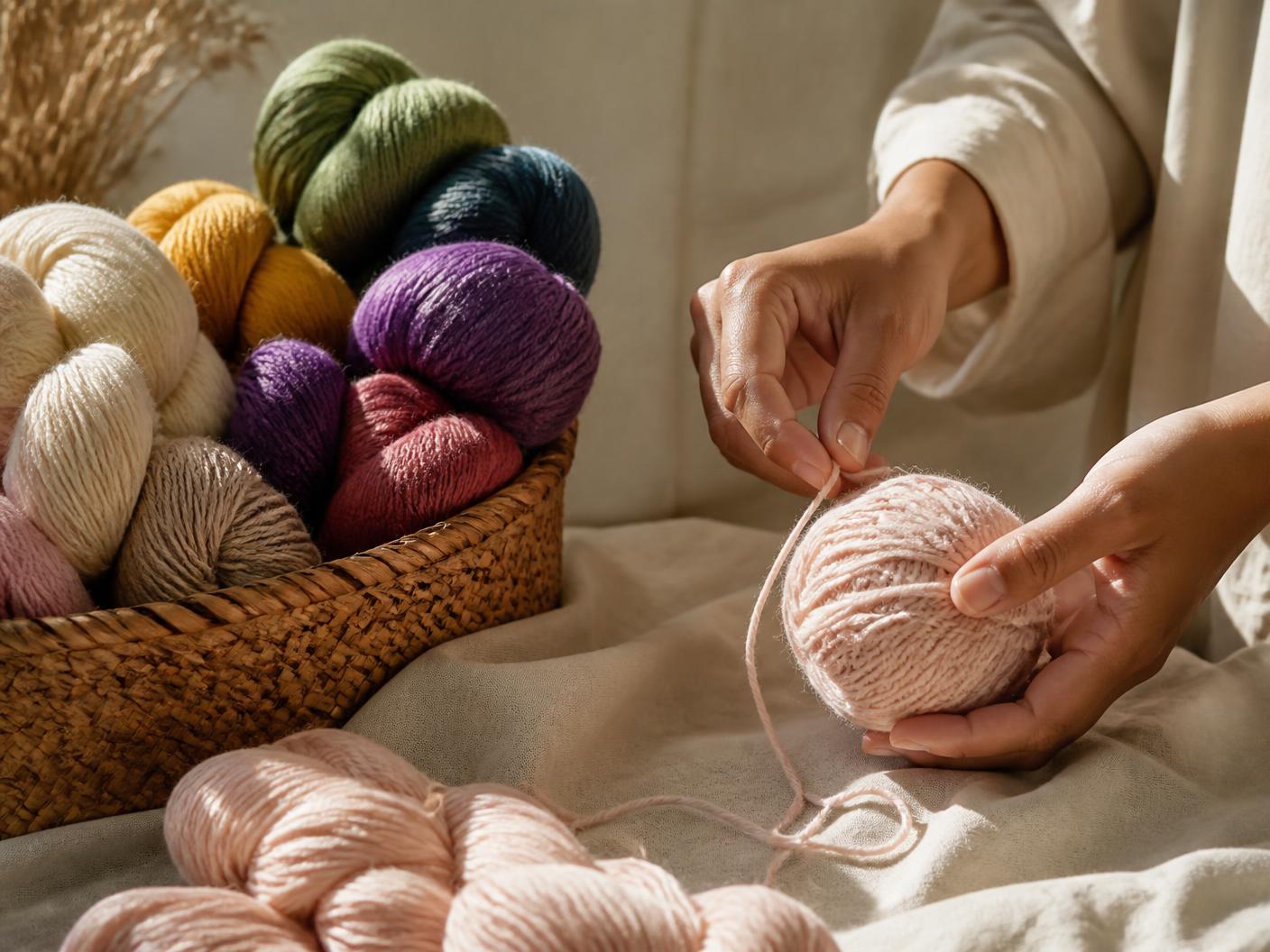 Hands winding cotton yarn into a ball beside a basket of coloured skeins
